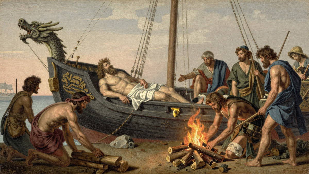 The god Baldur laid on his funeral ship as the pyre is prepared