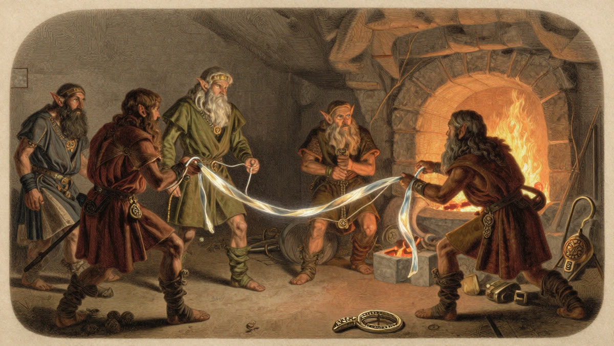 Dwarves in a forge holding the silk-thin ribbon Gleipnir