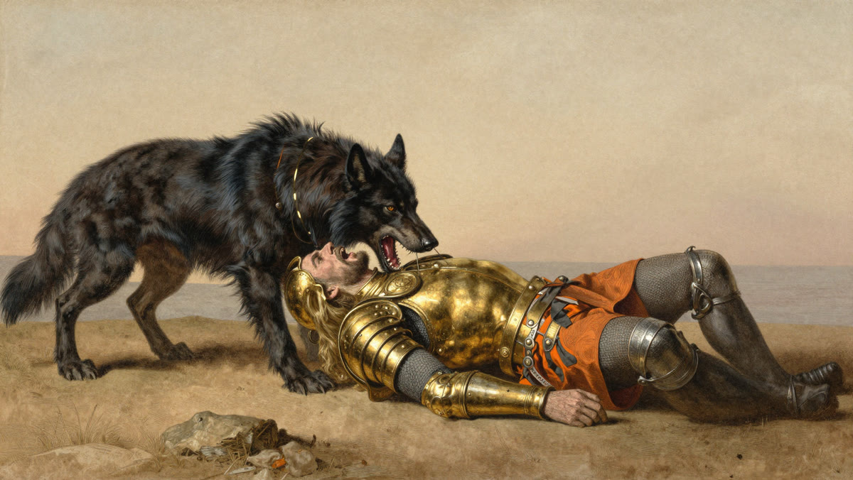 The giant wolf Fenrir standing over the fallen god Odin in golden armour
