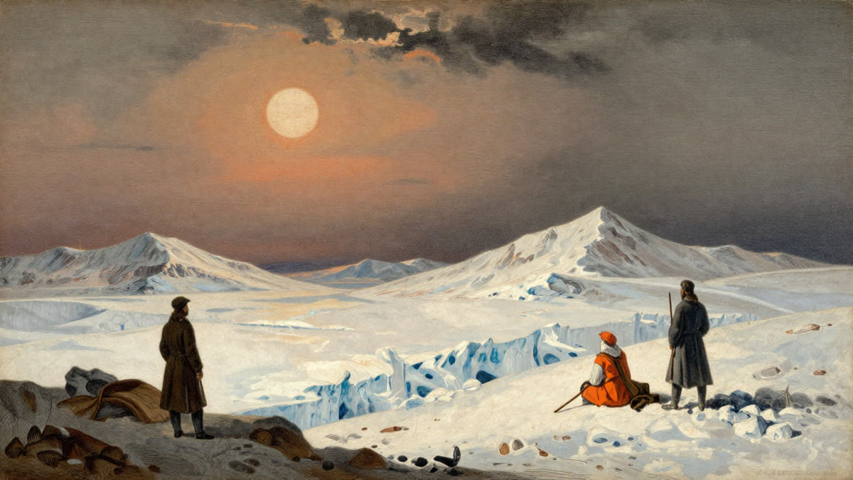 Travellers crossing a frozen landscape under a pale, weak sun