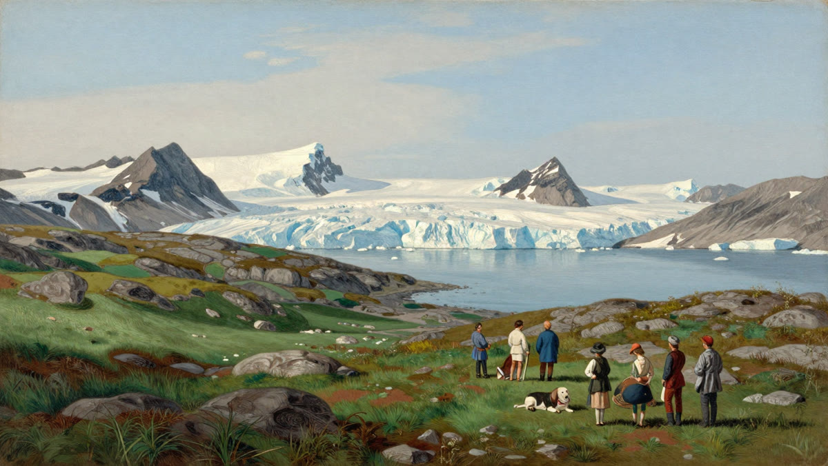 Norse settlers arriving in a green bay in southwest Greenland below a glacier