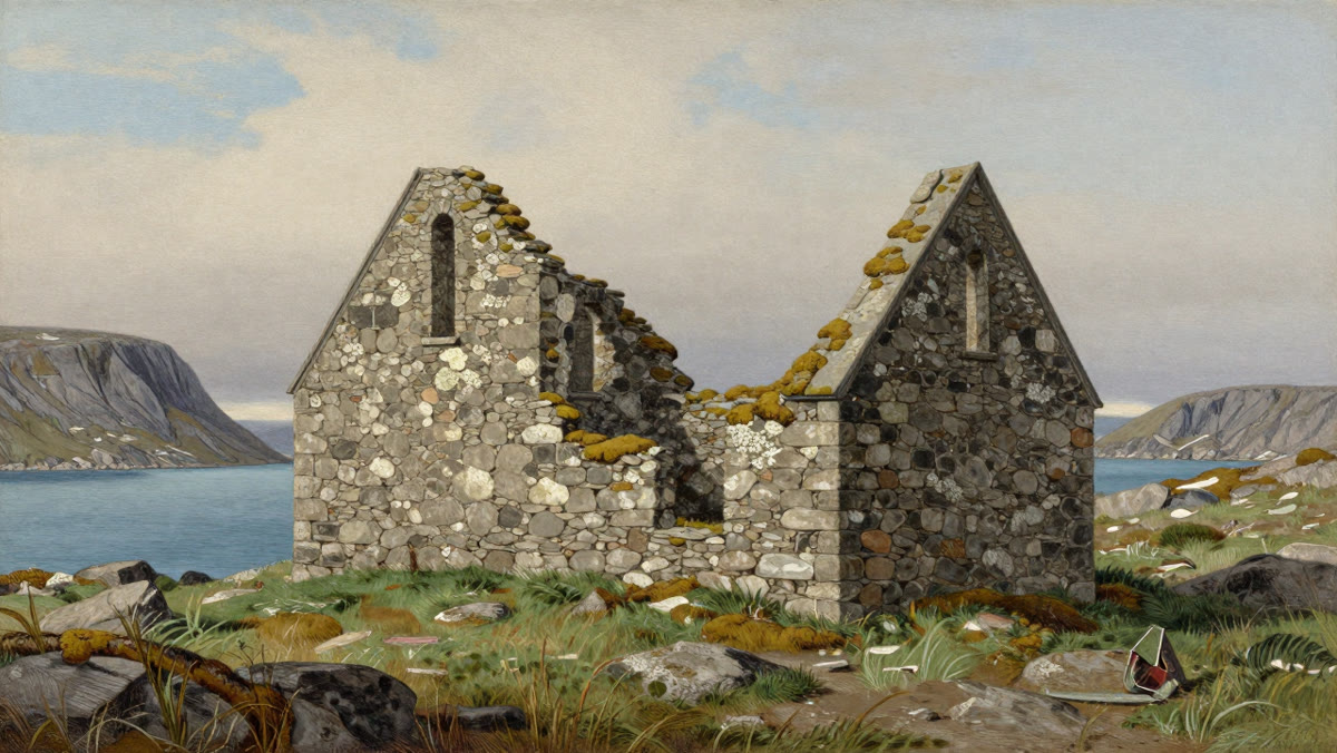 The stone ruins of Hvalsey church above a bay in Greenland