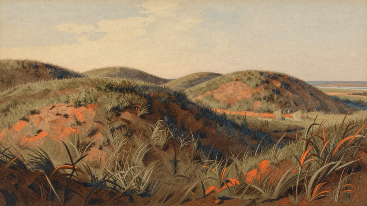 Low grassy ridges in a field at L'Anse aux Meadows, Newfoundland