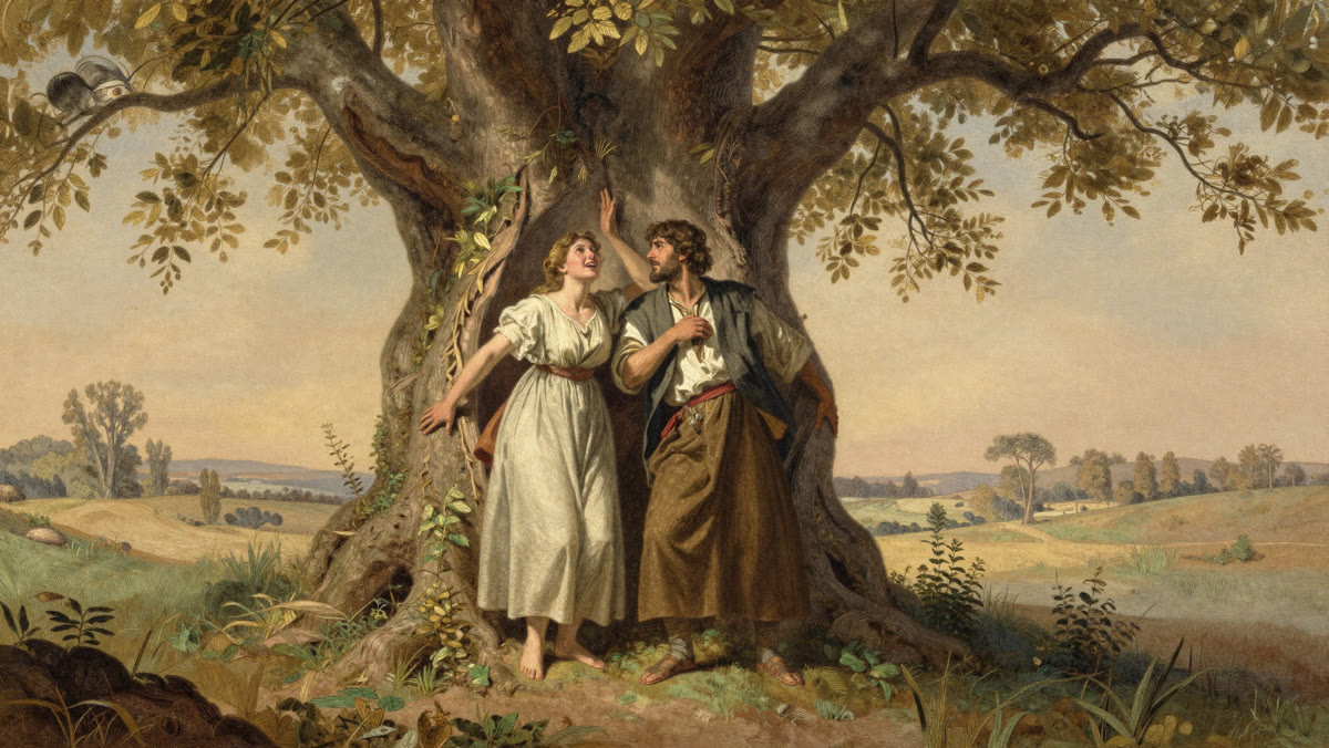 A man and a woman standing beneath a great tree in a green landscape