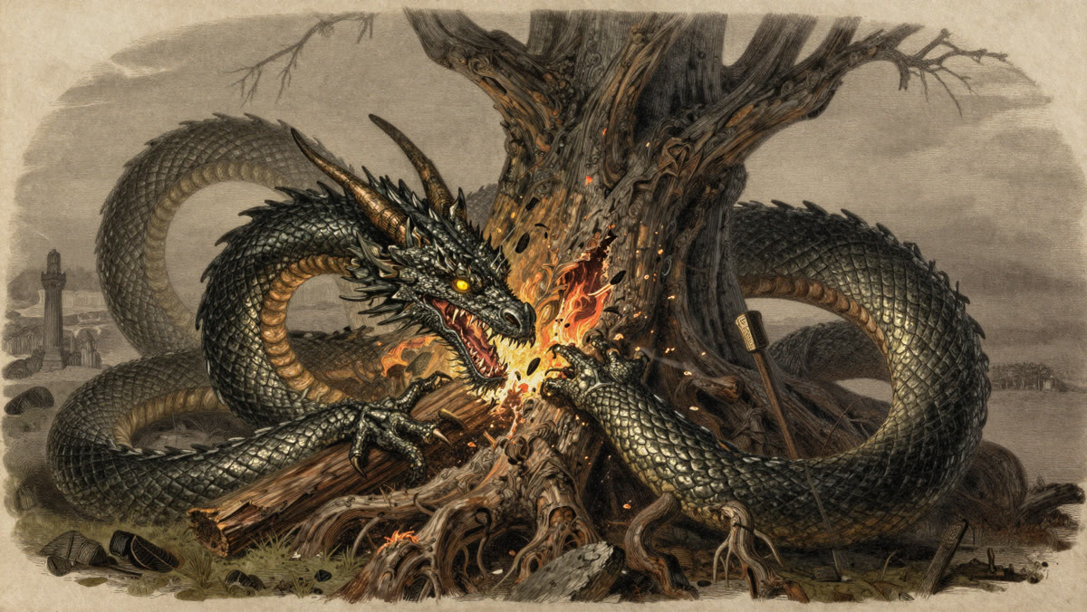 The dragon Nidhogg coiled around the roots of the World Tree Yggdrasil
