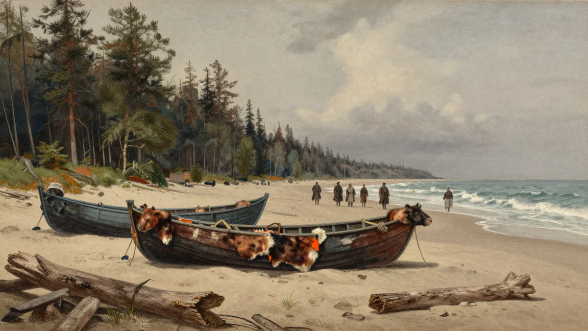 Skin boats pulled up on a forested beach in Vinland