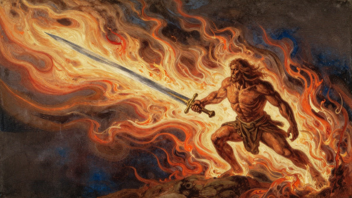 The fire giant Surtr with a blazing sword amid flames