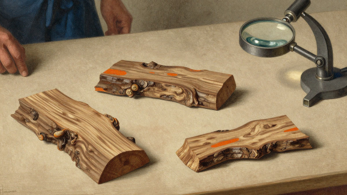 Three pieces of wood with cut marks laid out on a laboratory table
