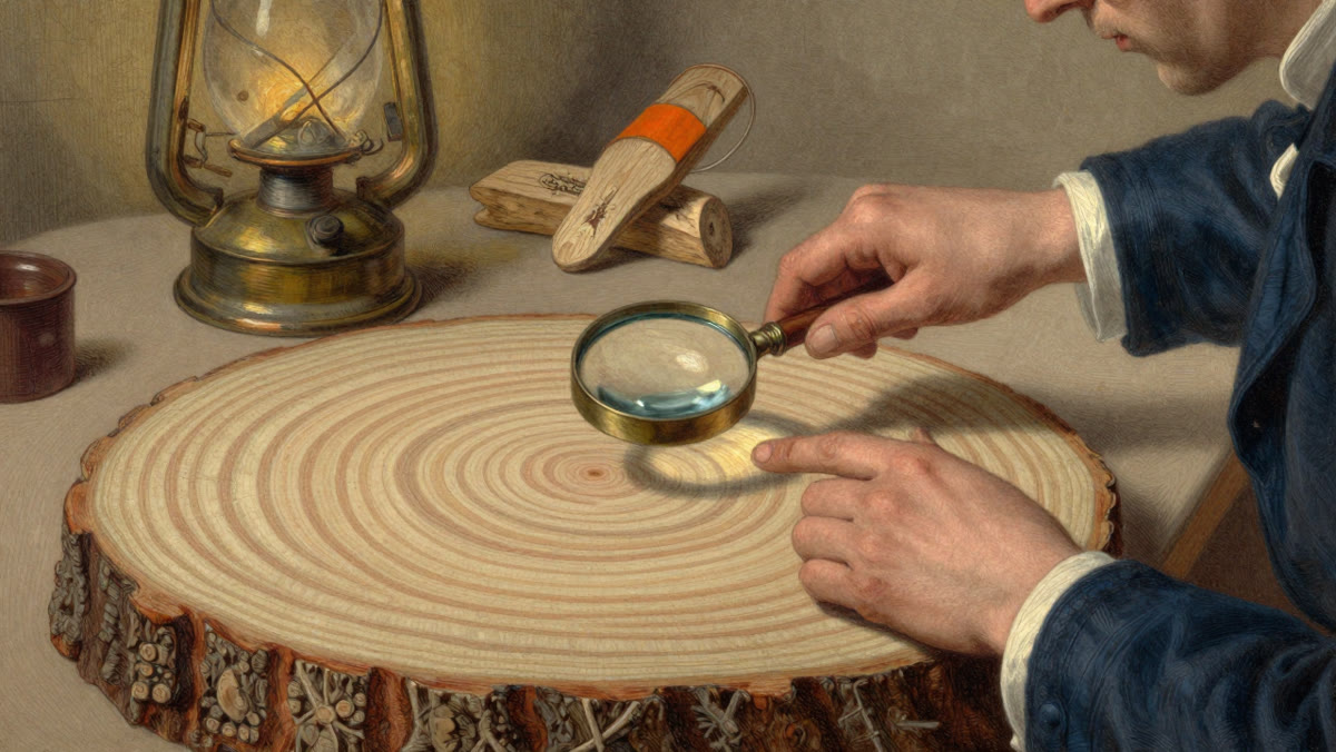 A researcher examining tree rings with a magnifying glass
