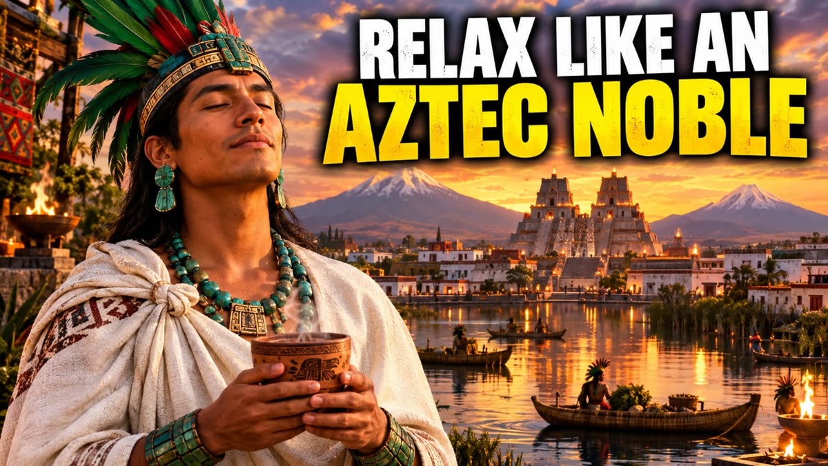 An Aztec nobleman in a white cloak holding a cup of cacao at sunset, with the island city of Tenochtitlan and two volcanoes behind him