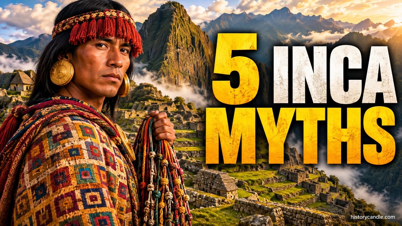 An Inca man in a tapestry tunic holding a khipu in front of Machu Picchu, with the title 5 Inca Myths