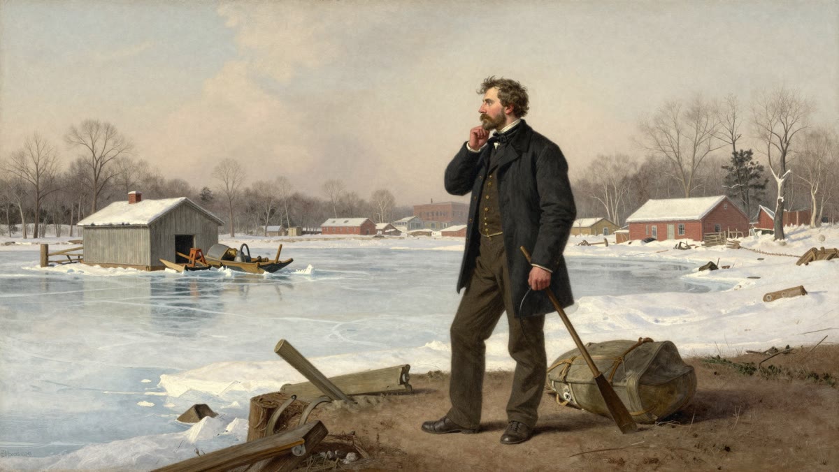 Illustration of a man standing on a frozen New England pond beside an ice saw and an ice house