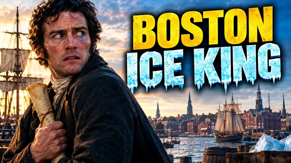Frederic Tudor, the Boston Ice King, holding a rolled map beside Boston harbor with ice blocks and sailing ships