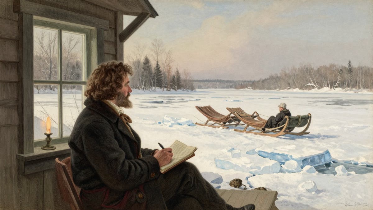 Illustration of Henry David Thoreau writing at a cabin window while ice cutters work on frozen Walden Pond