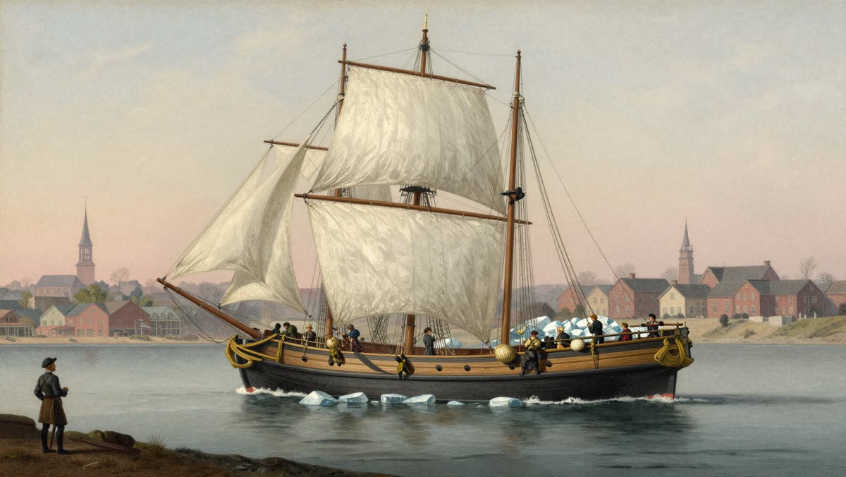 Illustration of a sailing brig loaded with ice leaving Boston harbor in 1833