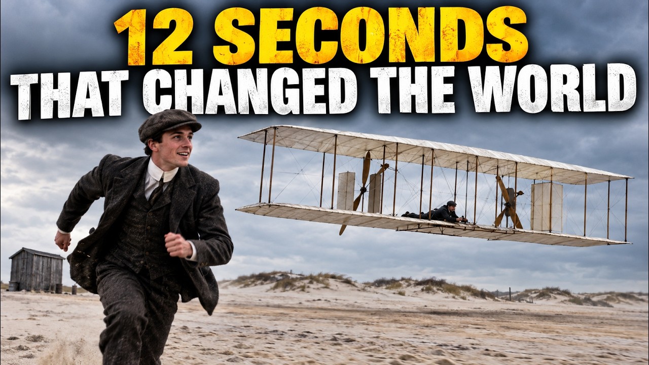 The Wright Flyer in the air above the sand at Kitty Hawk while a man runs beside it, with the words 12 Seconds That Changed the World