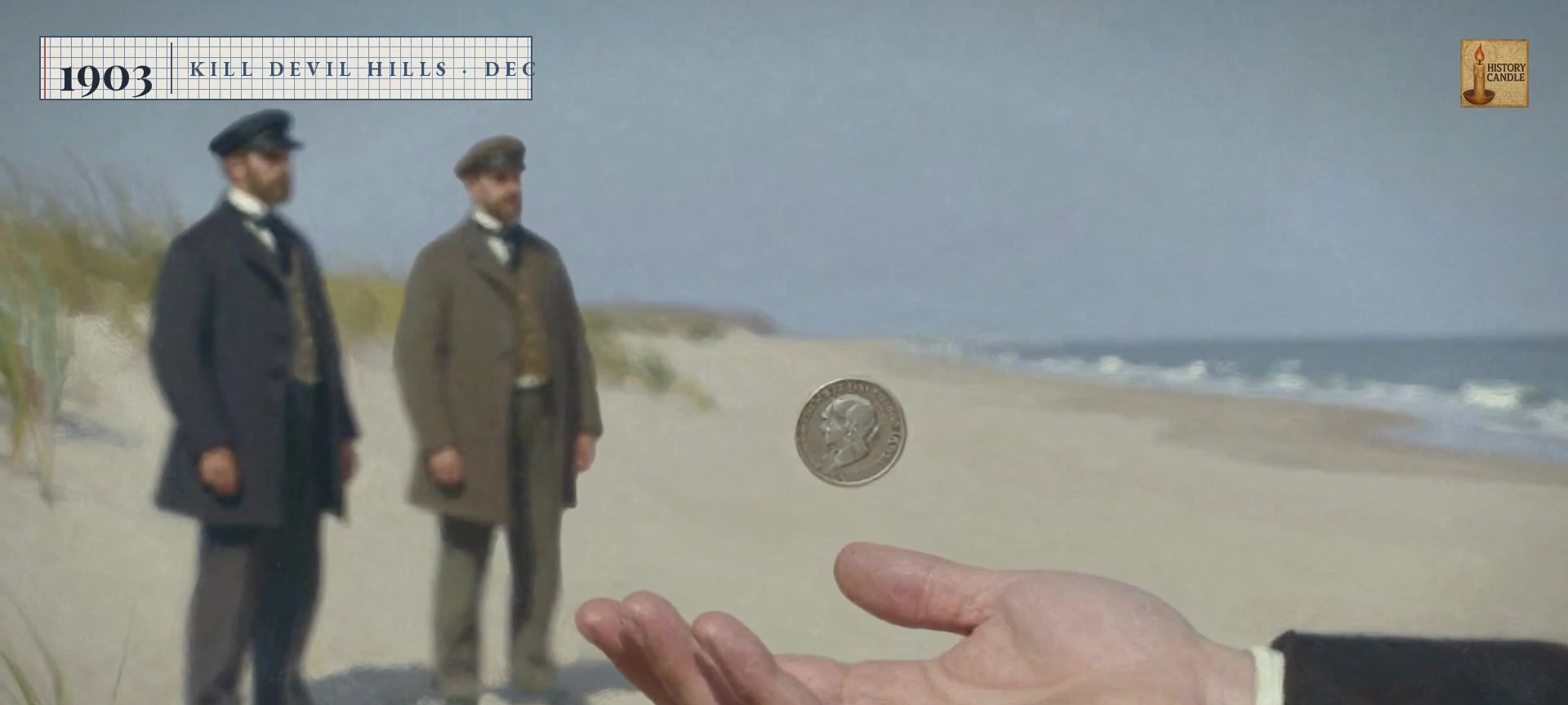 The Wright Brothers' First Flight: 12 Seconds on December 17, 1903 A silver coin spinning above an open hand as two men in coats stand on a dune